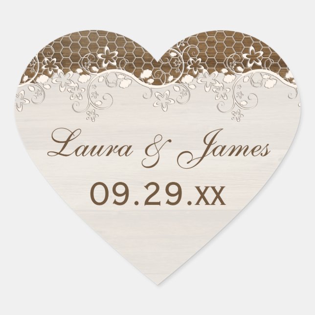 Rustic Woodgrain Floral Lace Wedding Favor Sticker (Front)