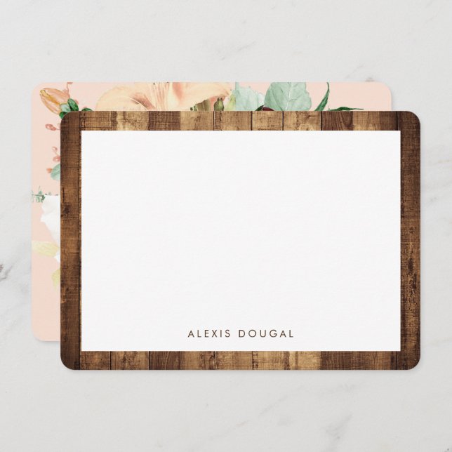 Rustic Woodgrain Floral Personalized Stationery Note Card (Front/Back)