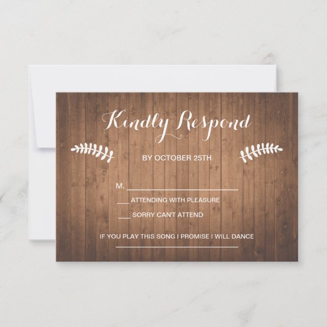 Rustic woodgrain forest wedding RSVP card (Front)