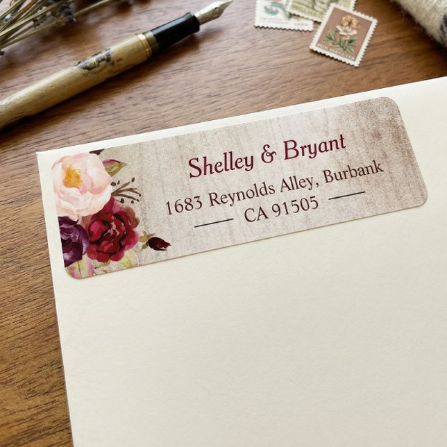 Rustic Woodgrain Look Burgundy Blush Floral Label (Creator Uploaded)