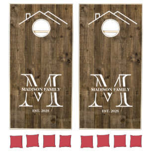 Rustic Woodgrain Modern Family Monogram House Cornhole Set