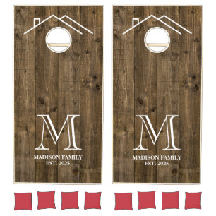 Rustic Woodgrain Modern Family Monogram House Cornhole Set