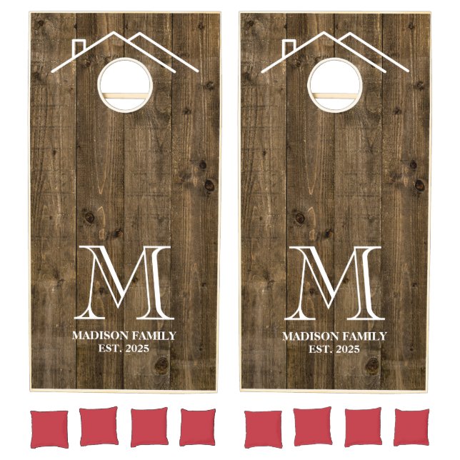 Rustic Woodgrain Modern Family Monogram House Cornhole Set (Set)