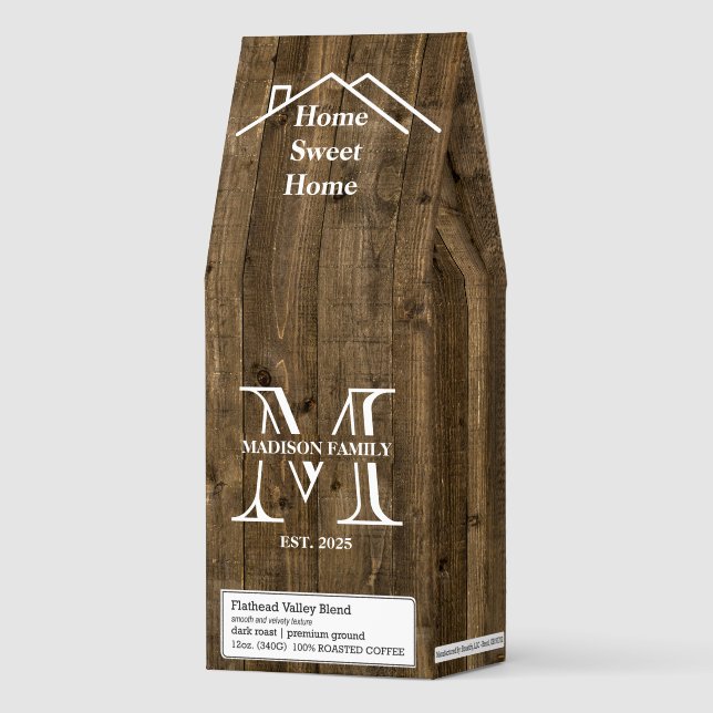 Rustic Woodgrain Modern Family Monogram New House Roasted Coffee (Front)