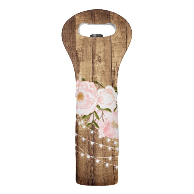 Rustic Woodgrain & Pink Floral Dinner Party Wine Bag (Front)