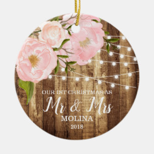 Rustic Woodgrain & Pink Floral Mr Mrs Newlywed Ceramic Ornament