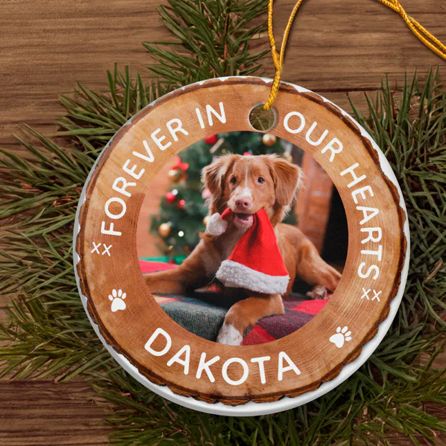 Rustic Woodgrain Slice Memorial Pet Photo Ceramic Ornament | Zazzle