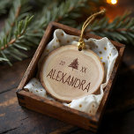 Rustic Woodgrain Slice Personalized Name & Photo Ceramic Ornament<br><div class="desc">Personalized name and photo, faux natural wood slice ornament. This rustic farmhouse style ornament features a faux wood slice background. Customize with name and year. A rustic pine tree is added between the year. The reverse side features a circular Photomask to add your own favorite photo. This is the perfect...</div>