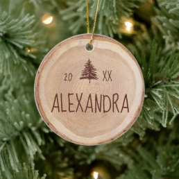 Rustic Woodgrain Slice Personalized Name &amp; Photo Ceramic Ornament