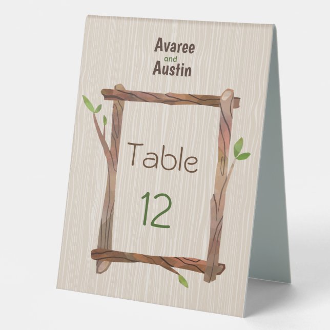 Rustic Woodgrain Wedding Table Number Tent (Front)