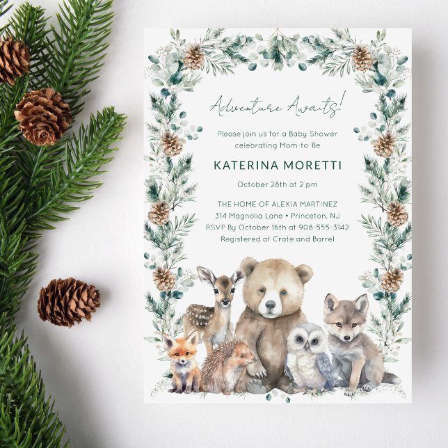 Rustic Woodland Adventure Awaits Baby Shower Invitation (This gender neutral Adventure Awaits woodland baby shower invitation features winter greenery)