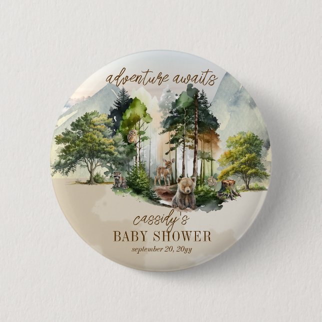 Rustic Woodland Adventure Awaits Boy Baby Shower Button (Front)