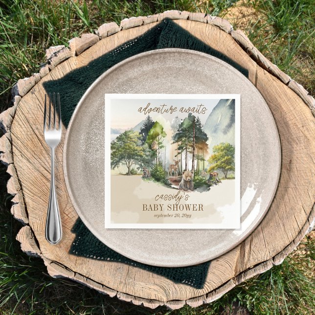 Rustic Woodland Adventure Awaits Boy Baby Shower Napkins ("adventure awaits" with this rustic woodland bear and forest animals boy baby shower design.)
