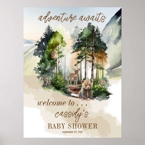 Rustic Woodland Adventure Awaits Boy Baby Shower Poster