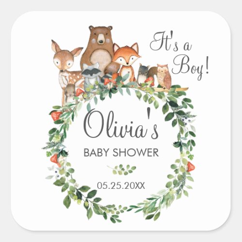 Rustic Woodland Animal Baby Shower Thank You Favor Square Sticker