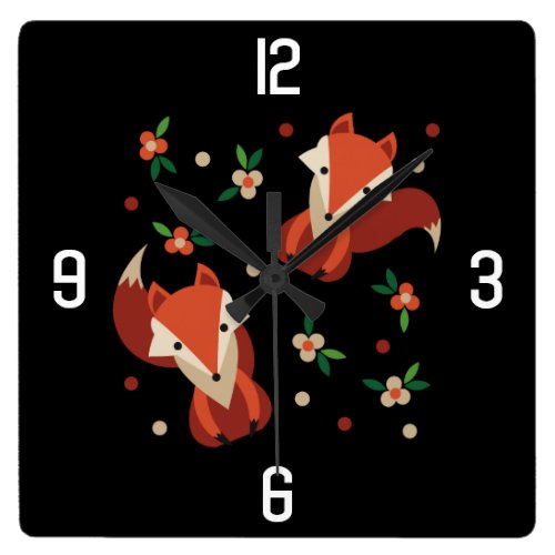 Rustic Woodland Animal Fox Pattern on Black Square Wall Clock
