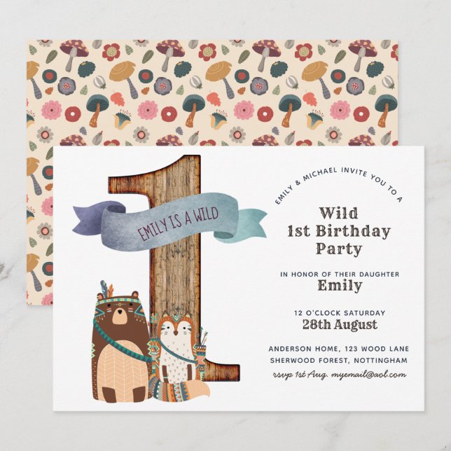 Rustic Woodland Animals 1st Birthday Party Tribal Invitation (Front/Back)