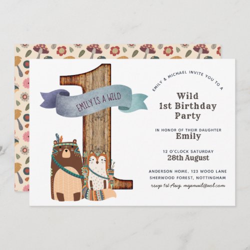 Rustic Woodland Animals 1st Birthday Party Tribal Invitation