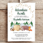 Rustic Woodland Animals Adventure Baby Shower Invitation<br><div class="desc">Sweet rustic baby shower invitation featuring a cute illustration of woodland animals with their tent camping in the mountains and forest,  an overlay of gold stars and "Adventure Awaits" and the mother-to-be's name in a dark hunter green script. Easily personalize the shower details.</div>