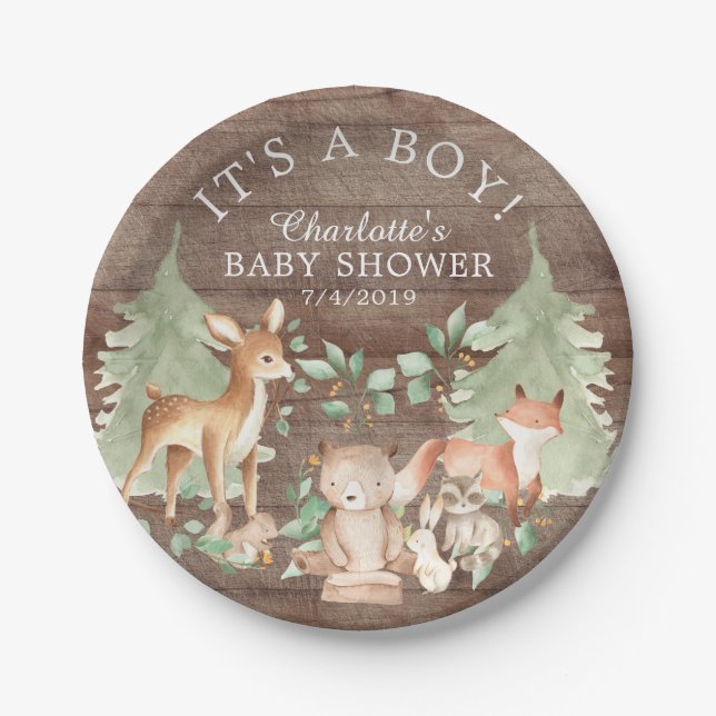 Rustic Woodland Animals Baby Shower 7" Plate (Front)
