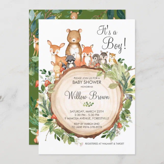 Rustic Woodland Animals Baby Shower Boy Invitation | Zazzle