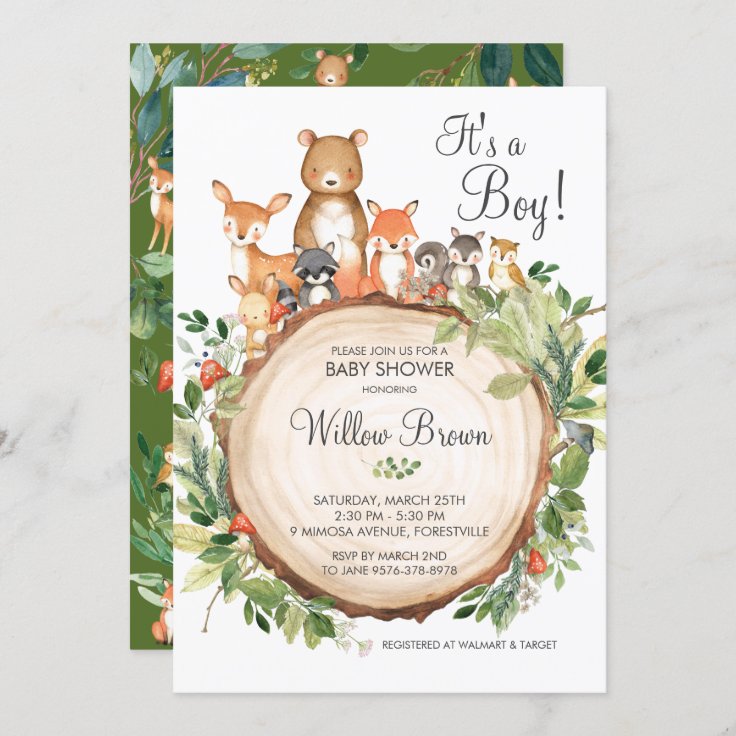 Rustic Woodland Animals Baby Shower Boy Invitation | Zazzle