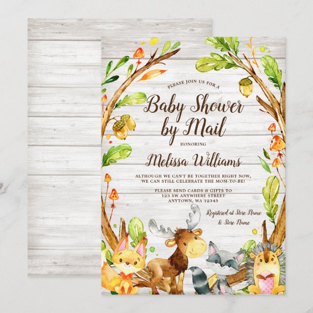 Rustic Woodland Animals Baby Shower by Mail Invitation (Front/Back)
