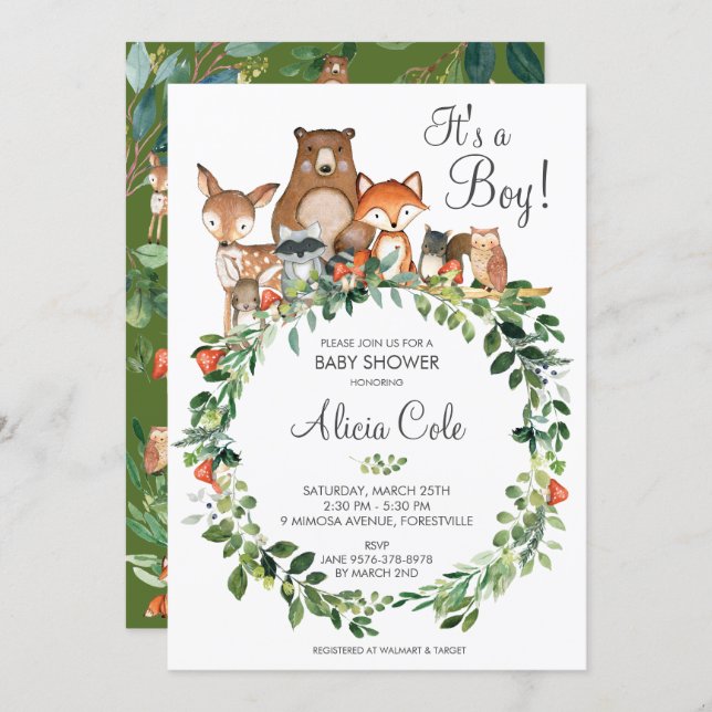 Rustic Woodland Animals Baby Shower Neutral Boy Invitation (Front/Back)