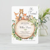 Rustic Woodland Animals Baby Shower Twins Boy Girl Invitation (Standing Front)