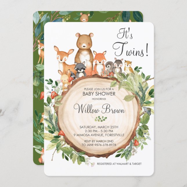 Rustic Woodland Animals Baby Shower Twins Boy Girl Invitation (Front/Back)
