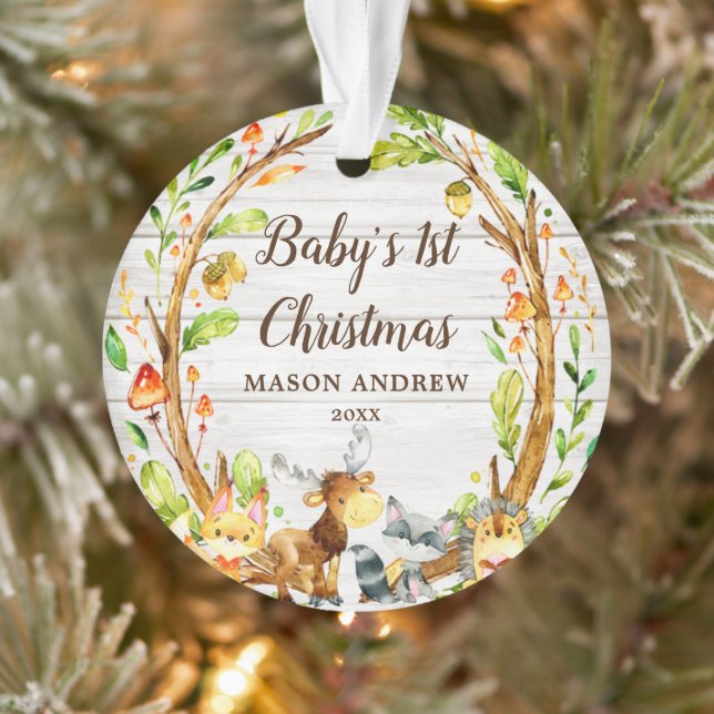 Rustic Woodland Animals Baby's First Christmas Ornament (Tree)