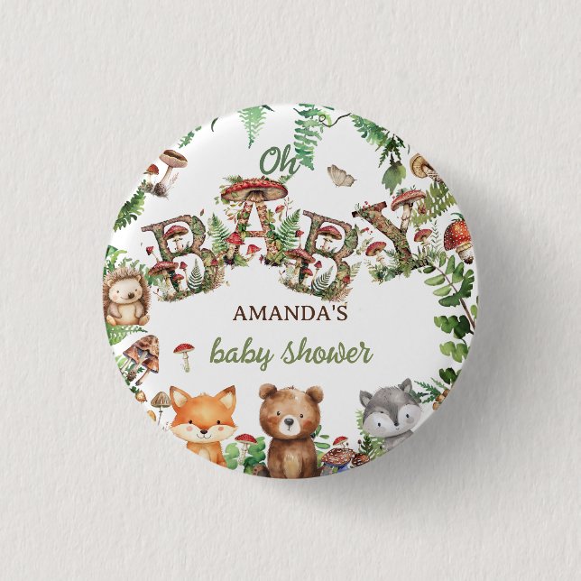 Rustic Woodland Animals Botanical Baby Shower  Button (Front)
