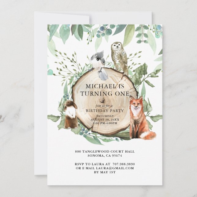 Rustic Woodland Animals Boy 1st Birthday Party Invitation (Front)