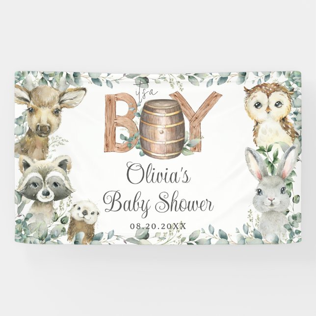 Rustic Woodland Animals Boy Baby Shower Backdrop Banner (Horizontal)