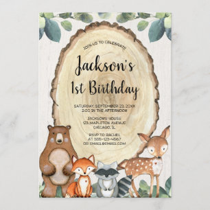 Rustic woodland animals boys 1st birthday party invitation