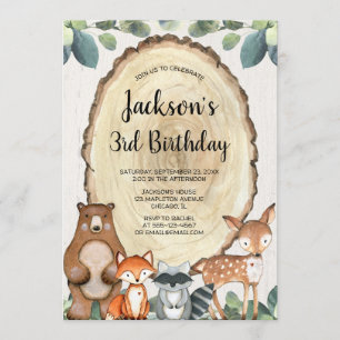 Rustic woodland animals boys birthday party invitation