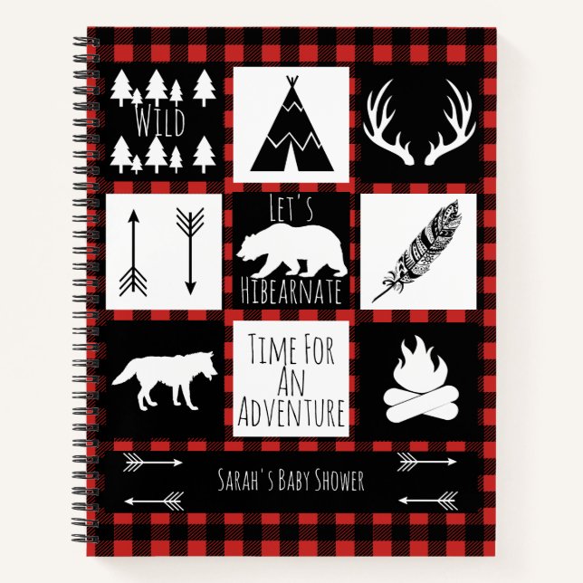 Rustic Woodland Animals Buffalo Plaid Baby Shower Notebook (Front)