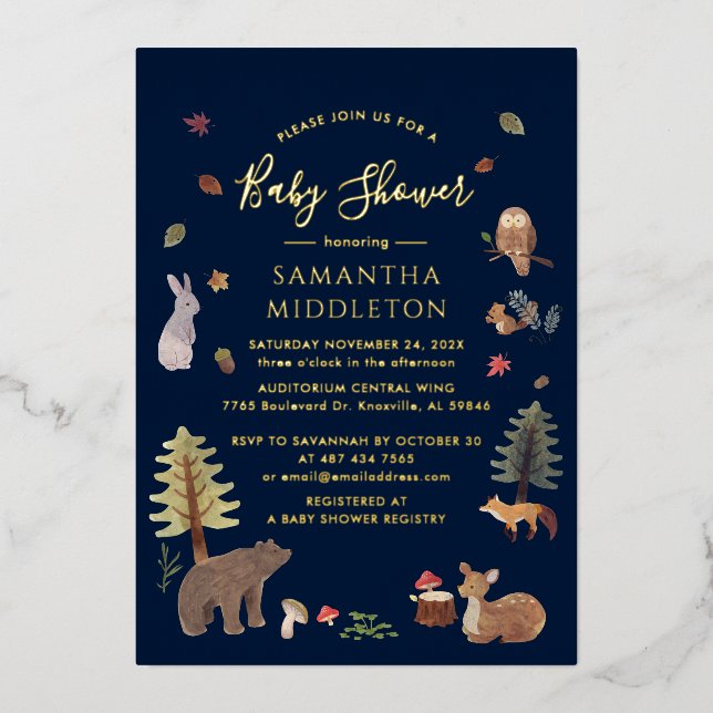Rustic Woodland Animals Fall Baby Shower Gold Foil Invitation (Front)