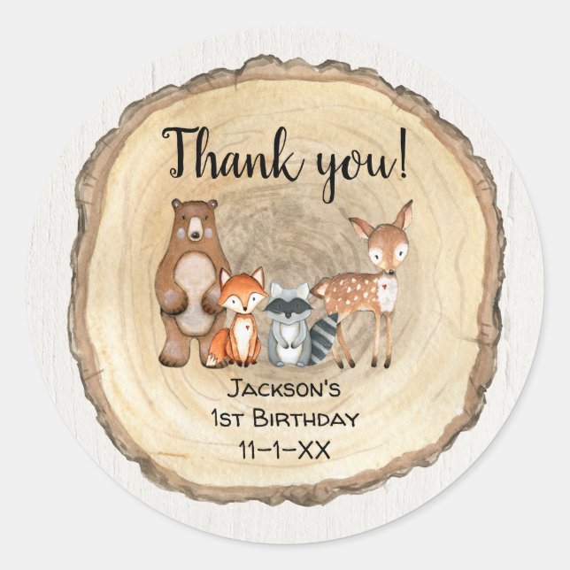 Rustic woodland animals forest friends birthday classic round sticker (Front)