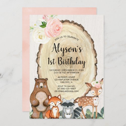 Rustic woodland animals girls 1st birthday party invitation