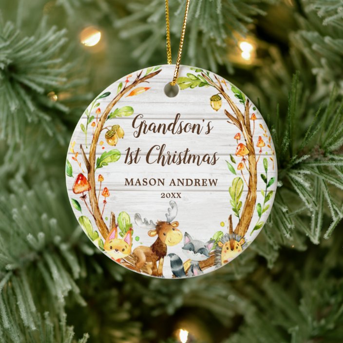 Rustic Woodland Animals Grandson's First Christmas Ceramic Ornament