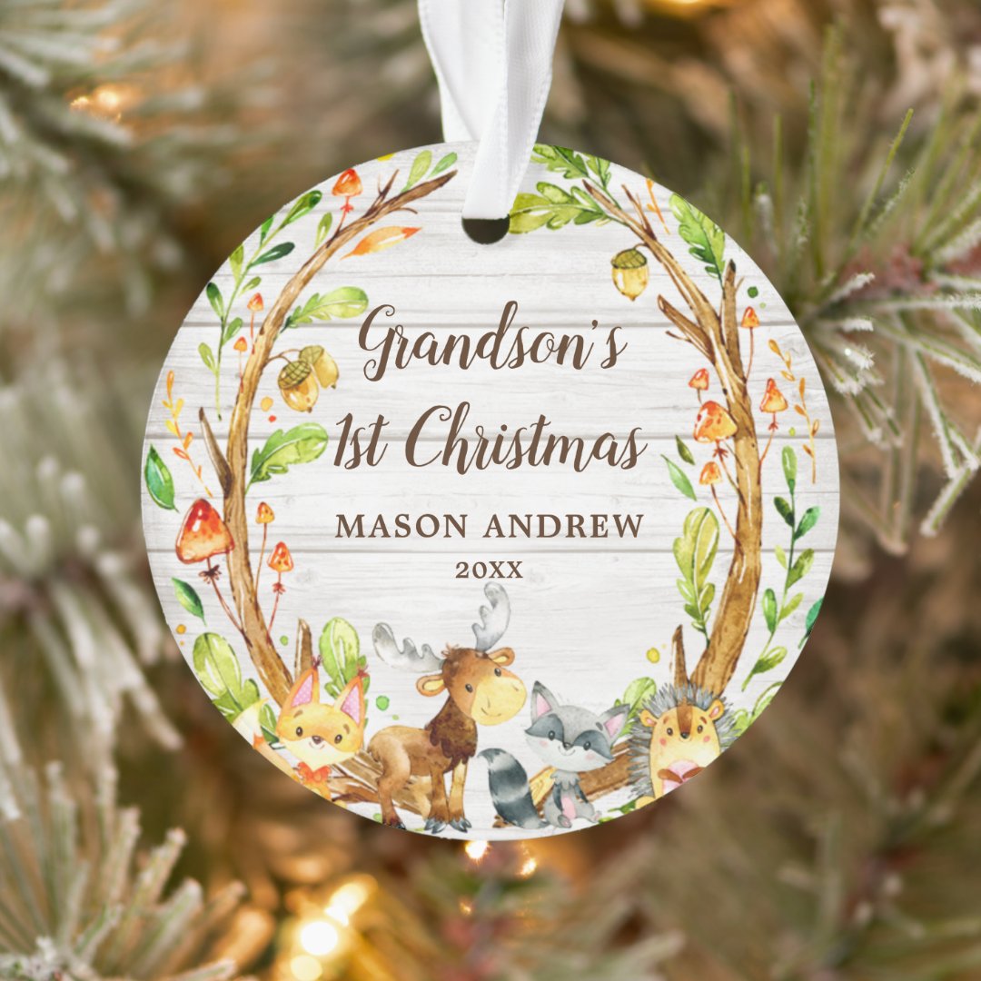 Rustic Woodland Animals Grandson's First Christmas Ornament Zazzle