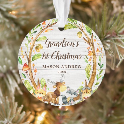 Rustic Woodland Animals Grandsons First Christmas Ornament