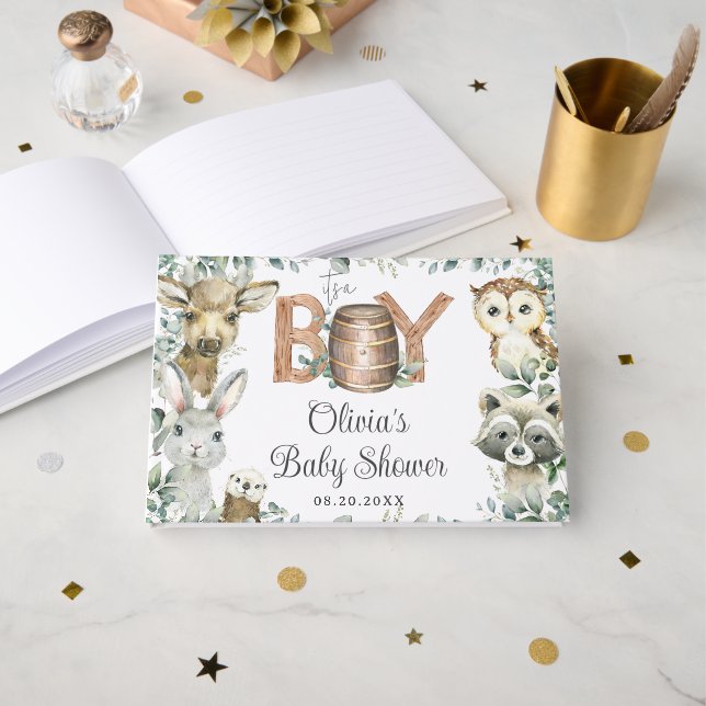 Rustic Woodland Animals Greenery Boy Baby Shower  Guest Book (Front Open)