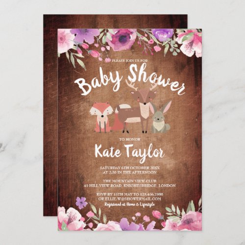 Rustic Woodland Animals Pink Floral Baby Shower Invitation