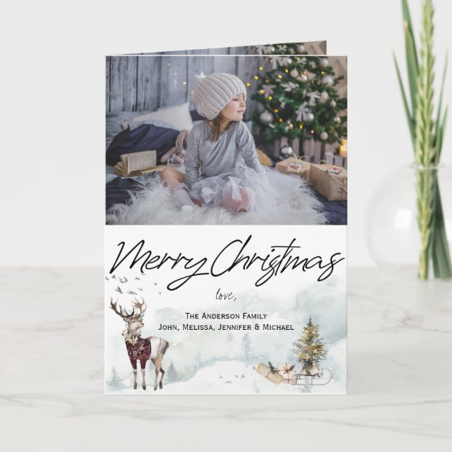 Rustic Woodland Animals Watercolor Christmas Photo Card (Front)