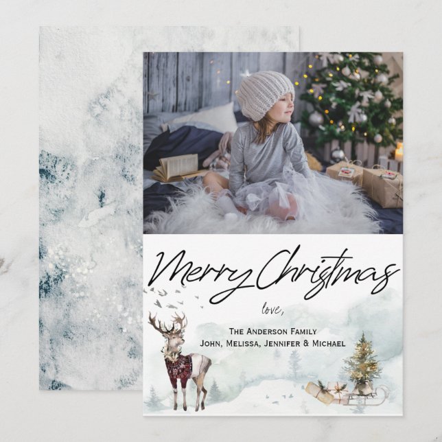 Rustic Woodland Animals Watercolor Christmas Photo Invitation (Front/Back)