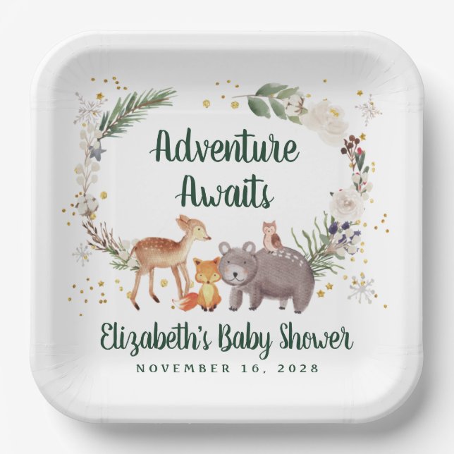 Rustic Woodland Animals Winter Baby Shower Paper Plates (Front)