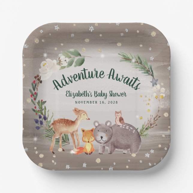 Rustic Woodland Animals Winter Baby Shower Paper Plates (Front)