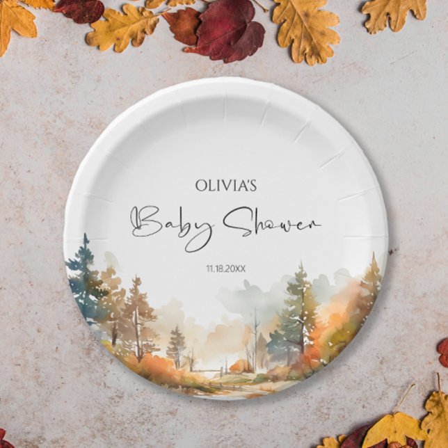 Rustic Woodland Autumn Forest Baby Shower Paper Plates (Creator Uploaded)
